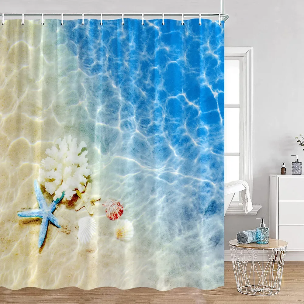 Summer Vacation Shower Curtain Beach Shell Wooden Plank Pattern Holiday Inspiring Words Bath Curtain Polyester Bathroom Decor