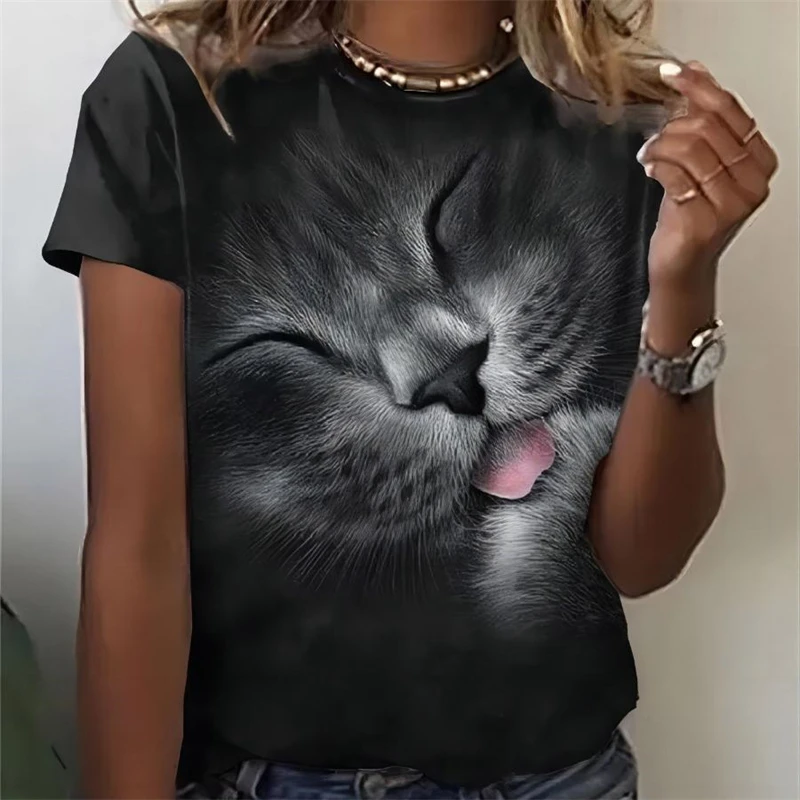 Camiseta feminina de verão kawaii 3d gato impresso t camisa feminina moda manga curta topo casual moda blusa feminina roupas y2k