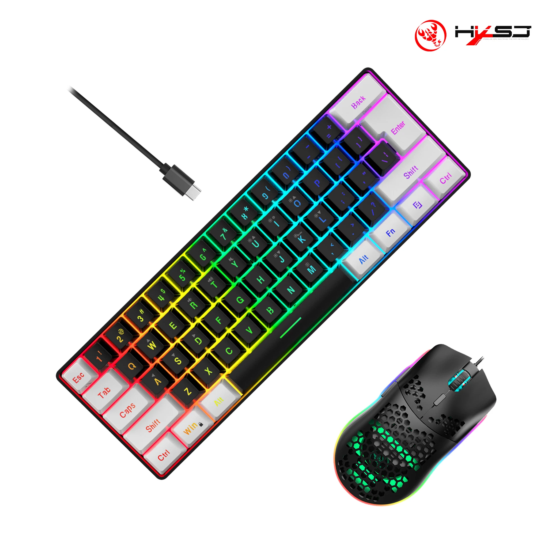 Imagem -02 - Hxsj-wired Rgb Backlit Ergonomic Gaming Keyboard e Mouse Conjunto para Laptop Combos Leves Hot Sale 60