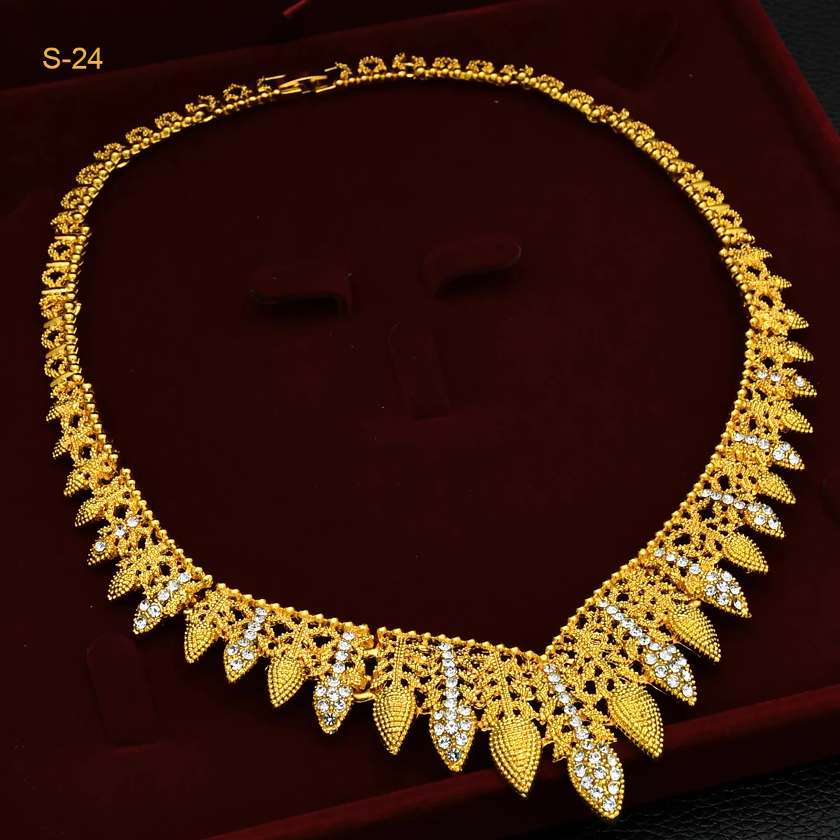 New Indian Luxury 24k Gold Plated Jewelry Sets For Women Arab Bridal Wedding Cystal Necklace Set Dubai Jewellery Gifts Wholesale