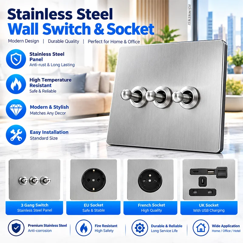 Retro Matte Stainless Steel Toggle Switch EU UK DE 13A 16A Wall Socket USB Type-C Charging Metal Panel Outlet