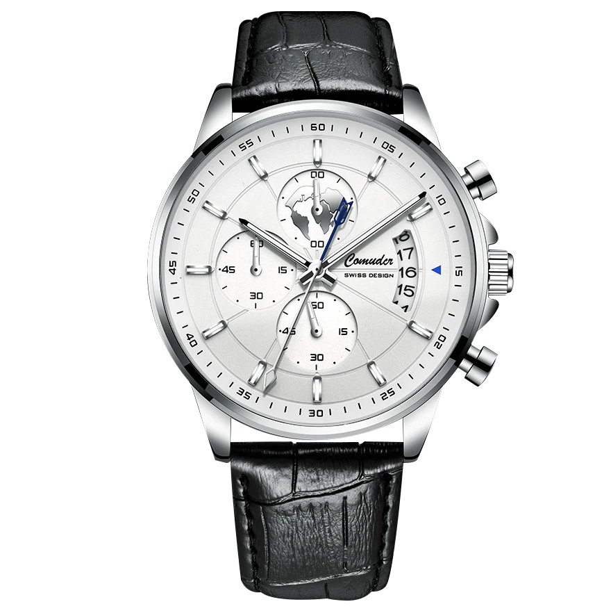 ساعة رجالية جديدة فضية حزام أسود نمط رياضي موضة الشباب ليلة ضوء التقويم كونتيننتال الرف ساعة كوارتز