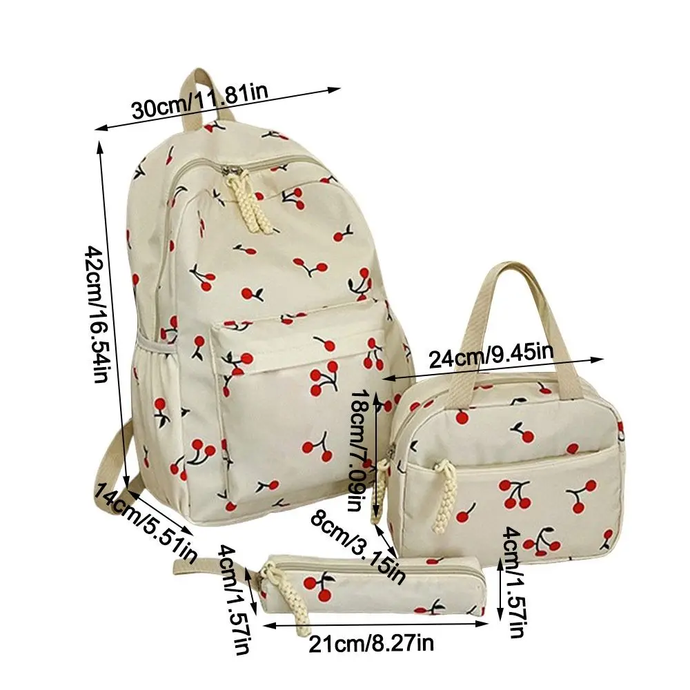 3Pcs/Set Oxford Cloth Cherry Backpack Preppy Style Large Capacity School Bag with Lunch Bag & Pencil Case Adjustable