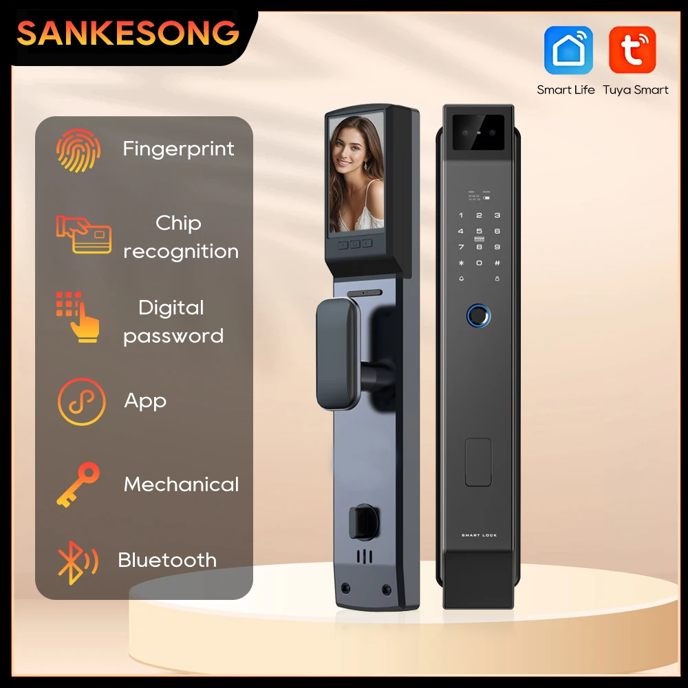 SANKESONG Tuya Smart 3D Face Door Lock Security Camera Monitor Intelligent Fingerprint Password Biometric Electronic Key Unlock