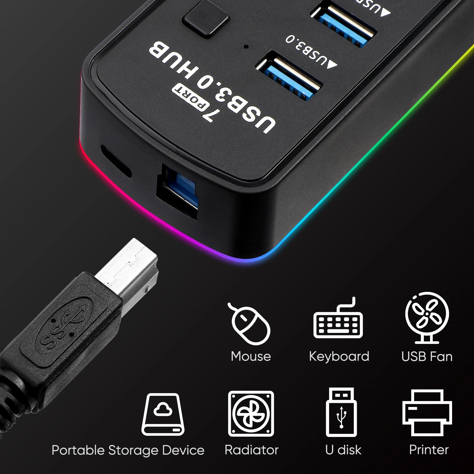 

Colorful USB3 Hub 7 Port Splitter Laptop Adapter High Speed Overload Protection Usb LED Plug Play USB Connector