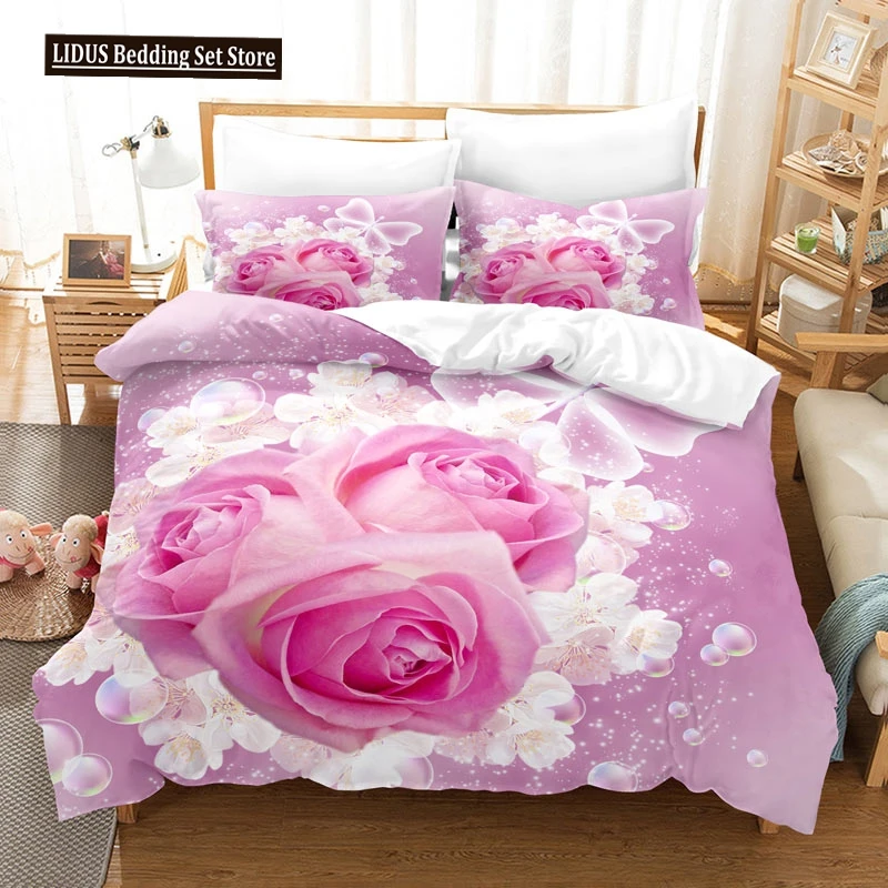 

Pink Rose Duvet Cover Set Romantic Themed Valentine's Day Mother's Day Gift Bedding Set Queen King Size Polyester Quilt Cover