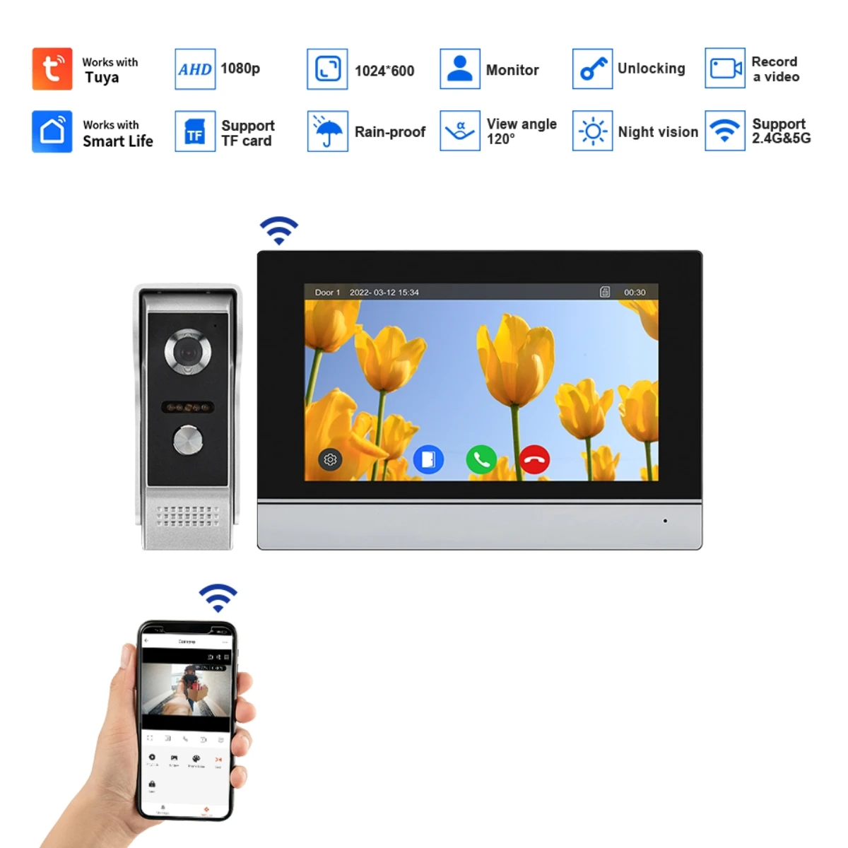 Tuya WiFi Intercom Monitor Touch Screen Motion Detection 7 Inch For HD 1080P Video Doorphone Smart Home Security