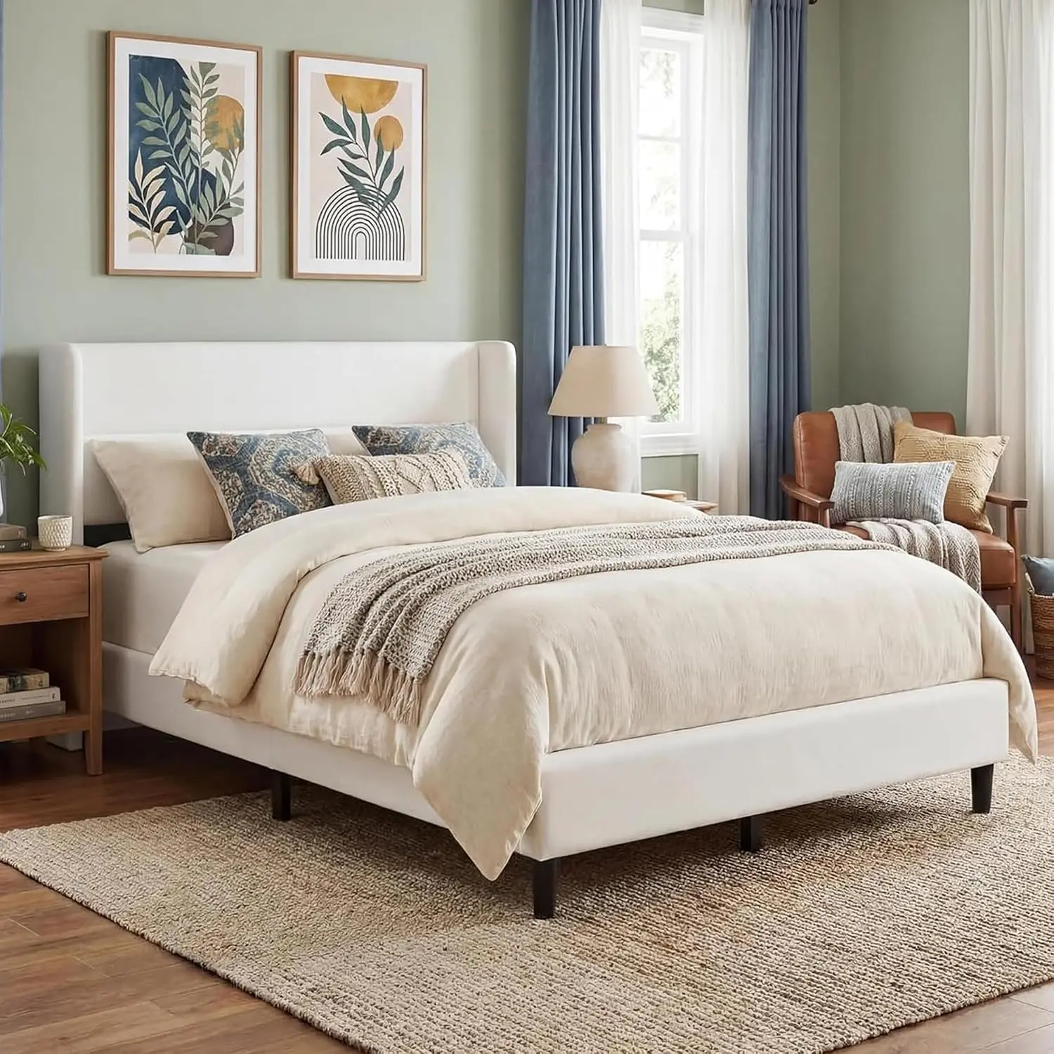 Velvet Wingback Upholstered Bed Frame Full Size Bedroom Furniture, Customized