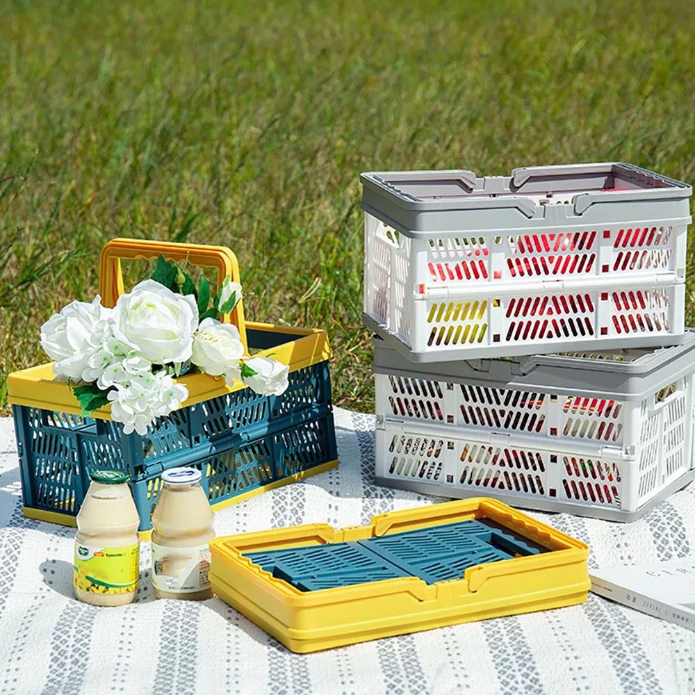 Foldable Storage Basket With Handle Portable Shopping Basket Outdoor Picnic Snack Food Fruit Storage Box Warehouse Storage Crate