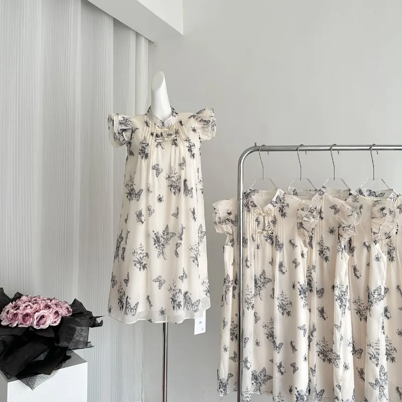 Nuovo stile cinese misto piccolo vestito con maniche volanti gonna da bambola con fibbia da donna