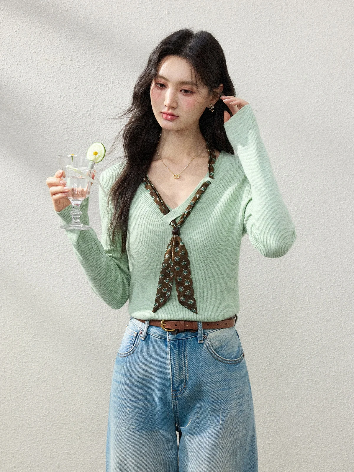

Spring 2026 een V-Ne Knitwear Women's Long Sve Loose Fit Faionable Korean Sle Commute Stripe Pattern Casual Top