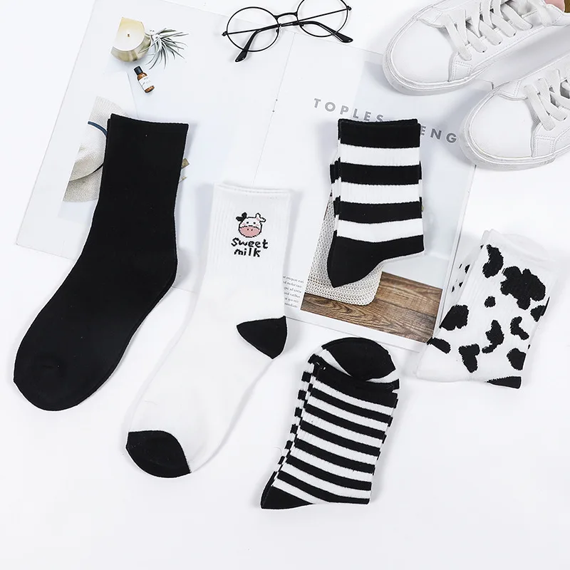 Women Socks, Autumn and Winter, Medium Length Socks, Winter, Black and White, Cute Cow Spots, Versatile Long Tube Socks, Stripes