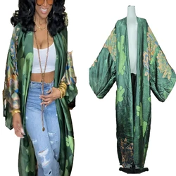 Summer African Blogger Recommend Silk Printed Open Front Long Cardigans Oversized Europe Lady Women Beach Bikini Cover Up