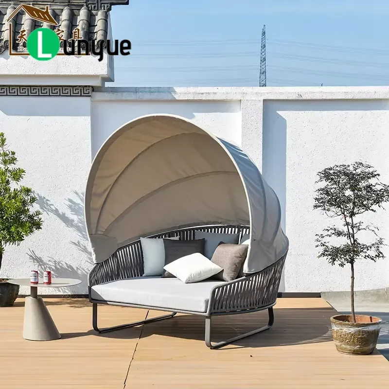 Aluminum Outdoor Round Lounger Sofa Bed with Canopy for Terrace Beach Pool Couple Seat Patio Furniture Ready to Ship