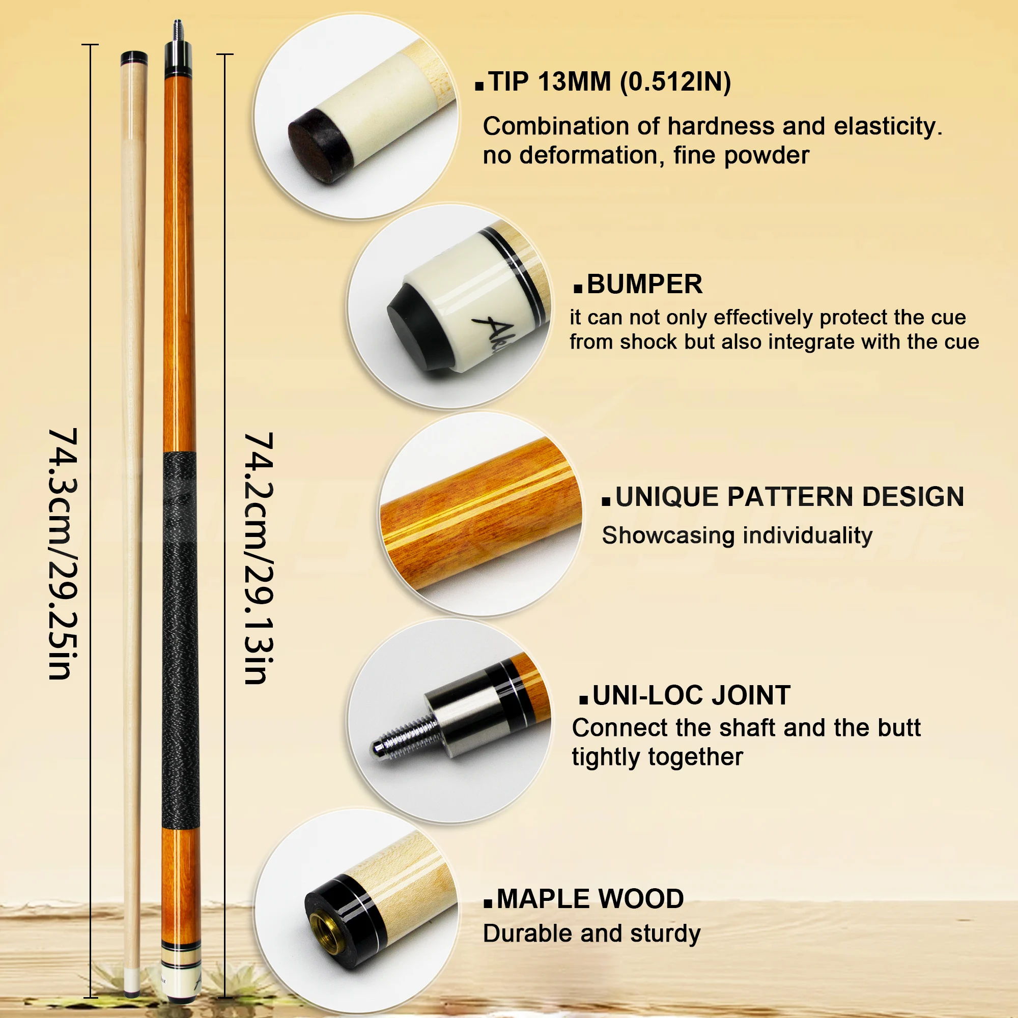 하드락 메이플 큐대 (13mm 다층 가죽 팁, 유니락 퀵 릴리즈 조인트, 충격 흡수, 균형 잡힌 탄성)