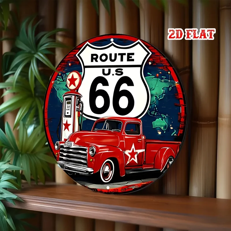 قطعة واحدة من لافتة الألومنيوم المستديرة للسيارة الكلاسيكية - لوحة فنية جدارية معدنية لشاحنة عتيقة، ديكور على طراز الطريق 66، موضوع محطة الوقود، مثالية للمنزل،