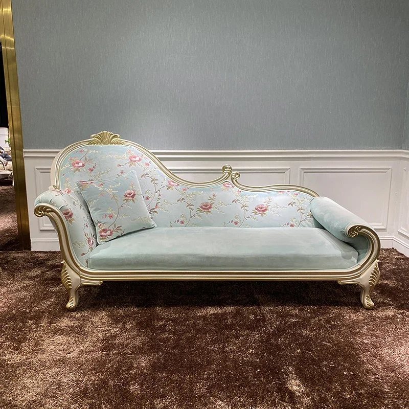 

European style imperial concubine chair bedroom solid wood BEAUTY COUCH living room lounge chair sofa warm gray cloth imperial c