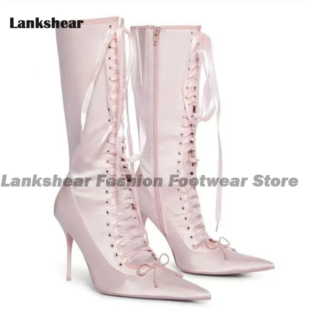 Pink Lace Lolita Stain Knee Boots Side Zipper Bow Decor Pointed Toe Lace-Up Booties Novelty Elegant Mary Janes Women Shoes