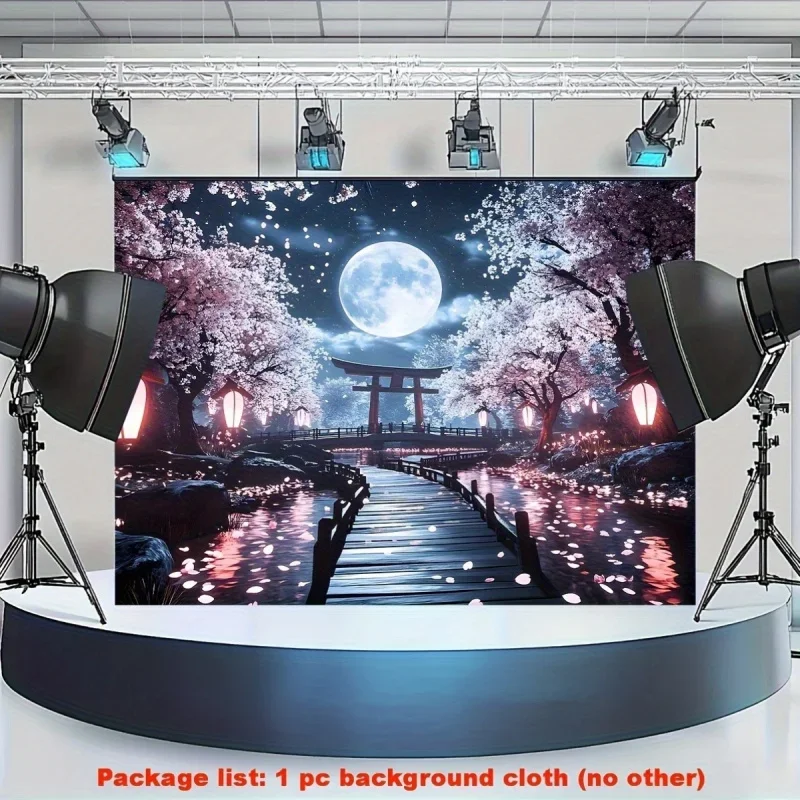 VIKAMA Moonlit Cherry Blossom Tapestry, Japanese Torii Gate Stream Wall Hanging, Calming Nature Decor For Living Room