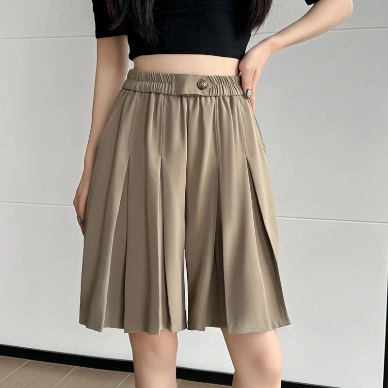 2023 Summer Pleated Skirt Shorts For Women Loose Stretch High Waist Wide Leg Short Pants Femme Folds Streetwear Bermudas Mujer