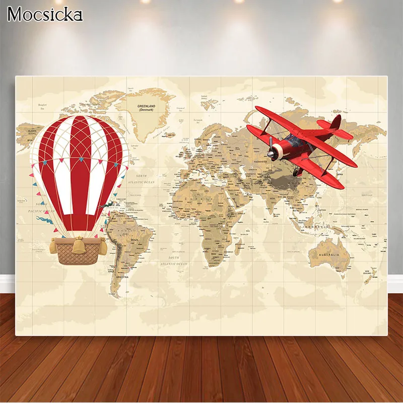 MOCSICKA Baby Shower Backdrop World Map Adventure Photography Background Airplane Birthday Party Banner Decoration