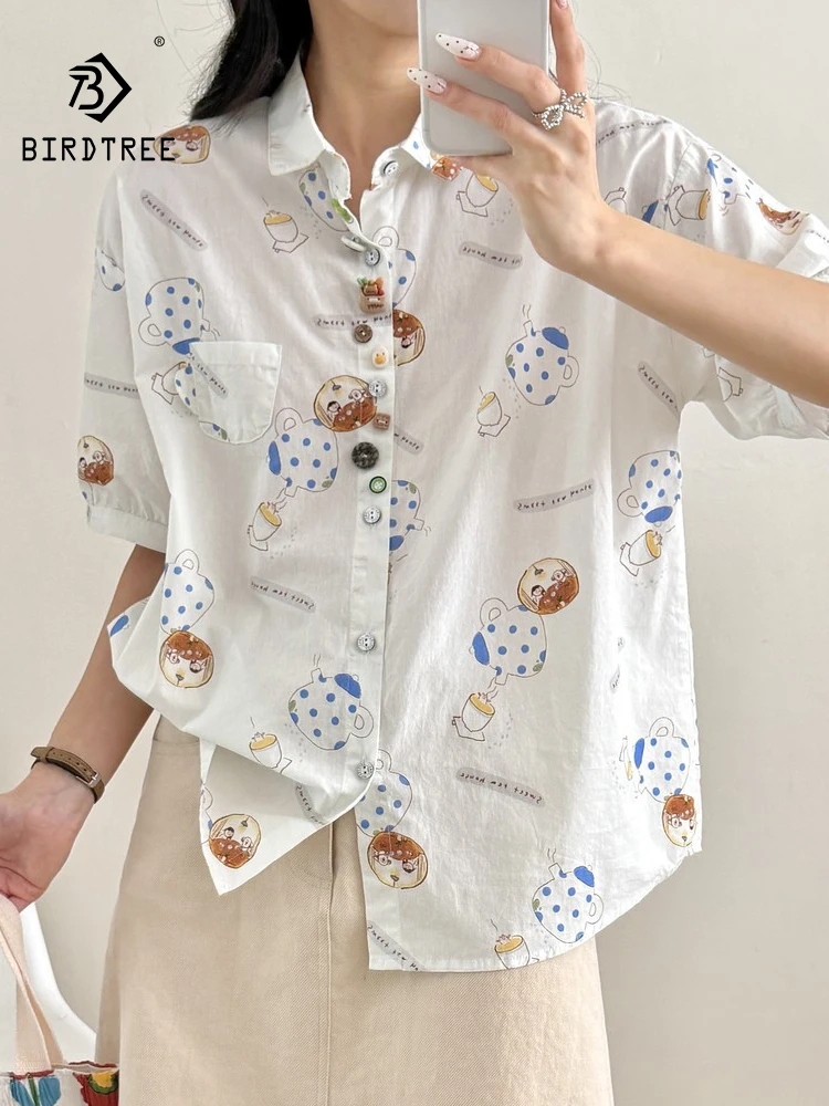 

New 2026 Summer Women Cotton Short Sleeve Shirt, Turn-down Collar Print, Mori Girl Sweet Preppy Style INS Loose Blouse T65319CC