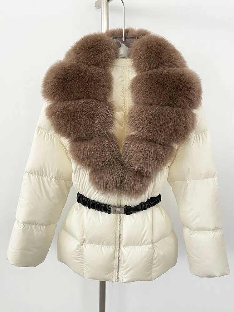 เสื้อแจ็คเก็ตพัฟเฟอร์แฟชั่นฤดูหนาวปี 2025 สำหรับผู้หญิง เสื้อผ้าผู้หญิง ขนฟ็อกซ์ธรรมชาติ เสื้อโค้ทขนเป็ดสีขาว