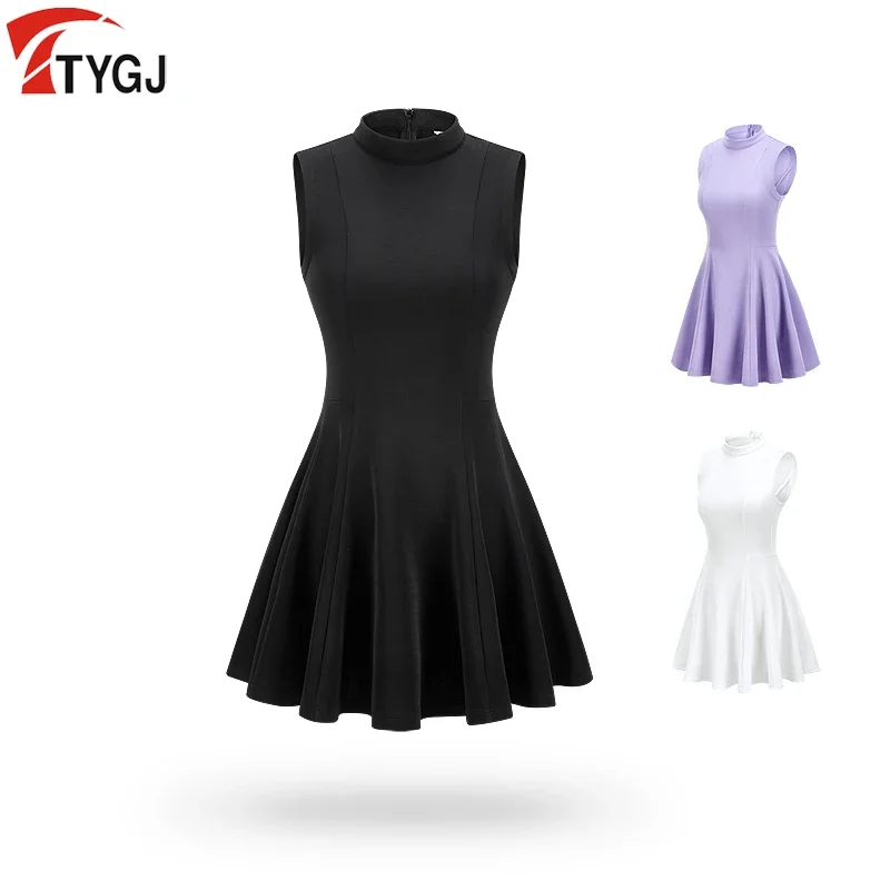 TTYGJ Golf Women A-lined Dress Sleeveless Slim Shirt Dress High Waist Round Neck Golf Skirts with Inner Shorts Anti-Exposure