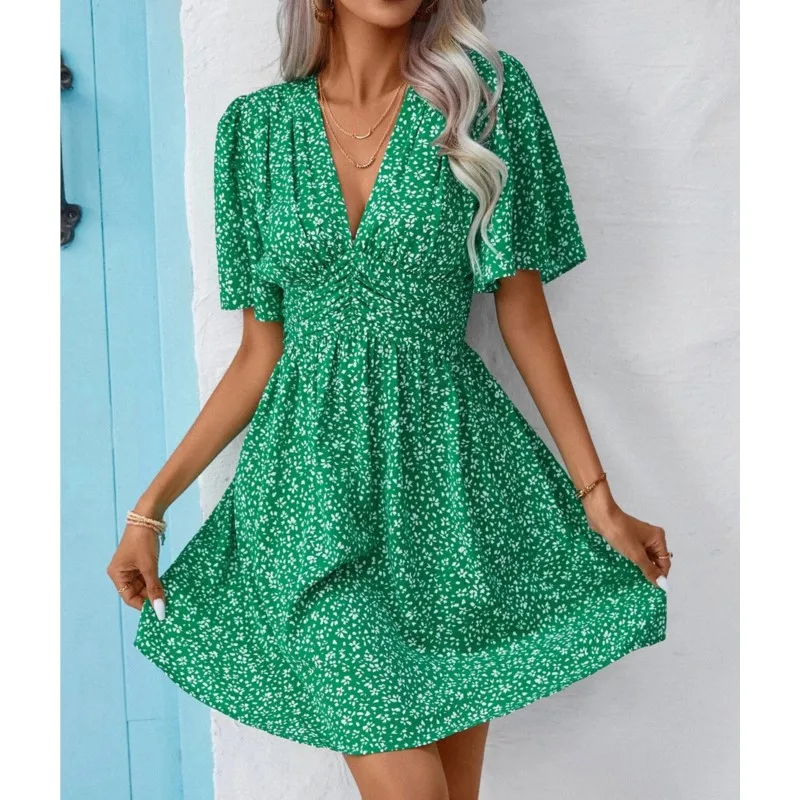 

Women Summer Fashionable Deep V-neck Pleated Dress Ladies Solid Color Short Sleeved High Waisted A-line Short Dress Streetwear