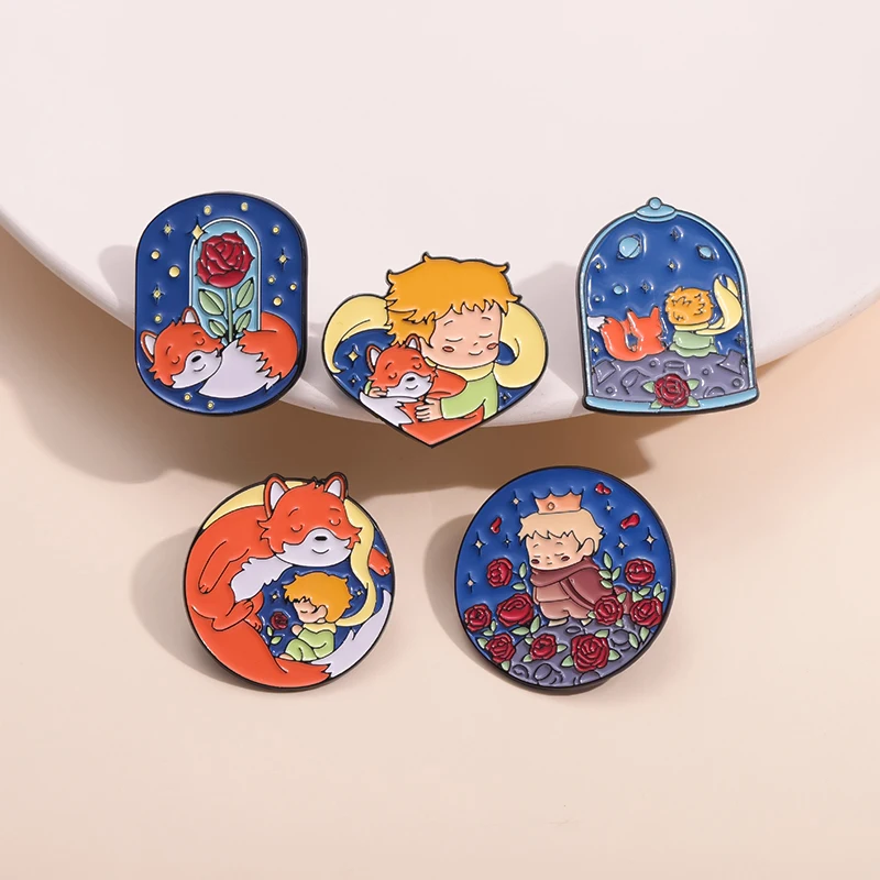 Cartoon Prince Fox Enamel Pin Classics Fairy Moon Star Paper Boat Aircraft Brooches Lapel Badges Jewelry Gifts for Kids Friends
