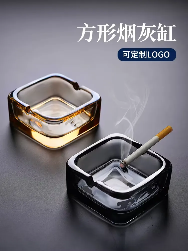 Glass ashtray anti-fly ash living room crystal large square cylinder high-grade office smoke dish hotel ktv commercial