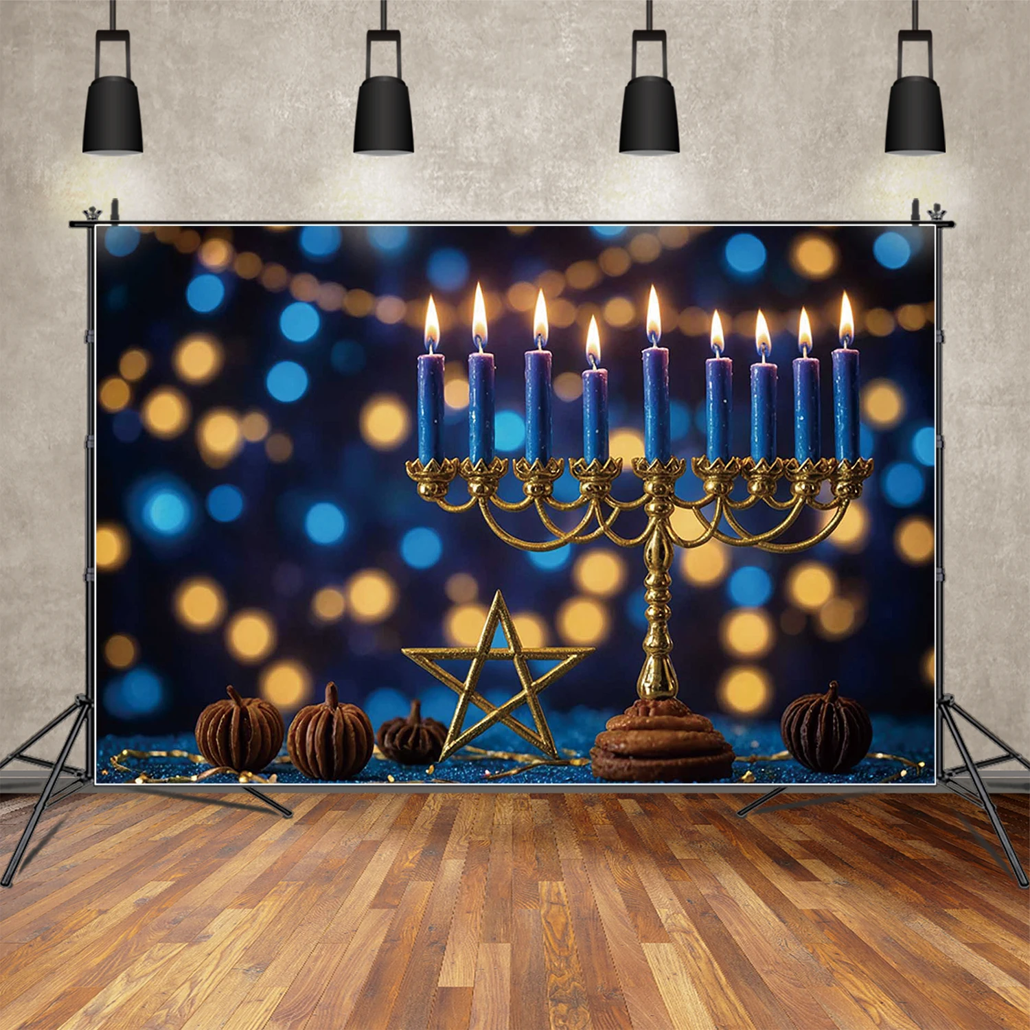 MOON.QG Happy Hanukkah Backdrop Photography Shiny Lamps Chanukah Party Holiday Photocall Background Child Studio Photozone Props