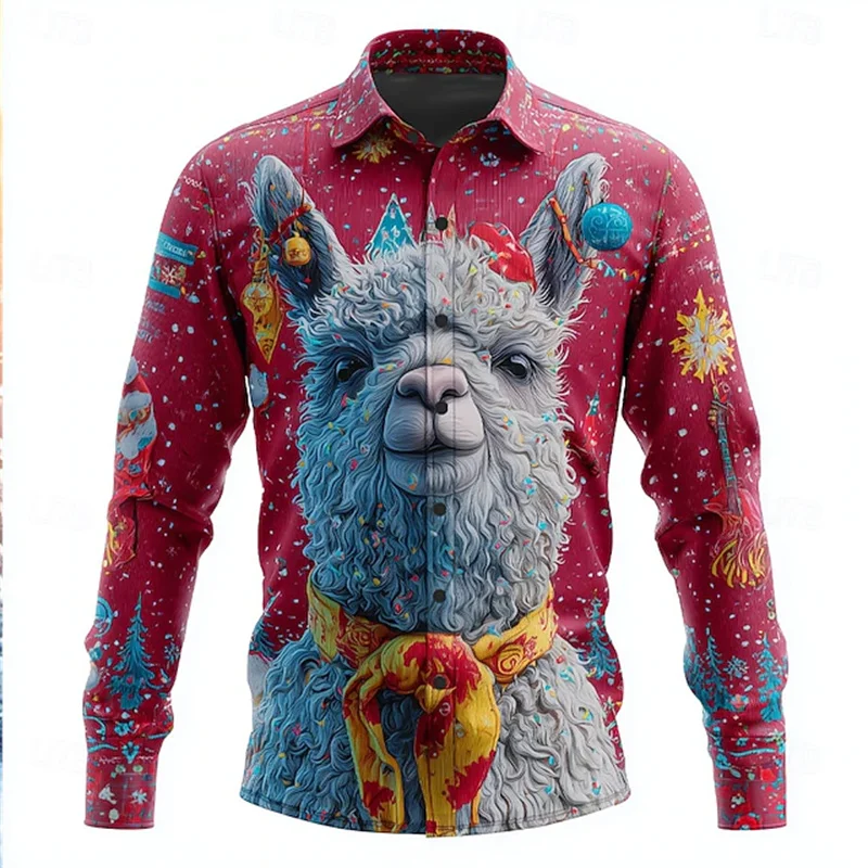 

Christmas Animal 3D Printed Men's Button-Up Shirt Long Sleeve Fun Outdoor Holiday Spring Autumn Lapel Shirt Red Men Clothing