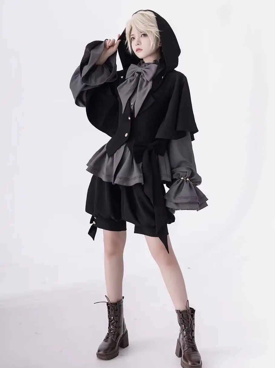 Vintage Gothic Lolita Dark Cute Edgy Outfit Shorts Women Harajuku Y2k Bunny Ear Hooded Cloak Coat Shirts Japanese Chronicles