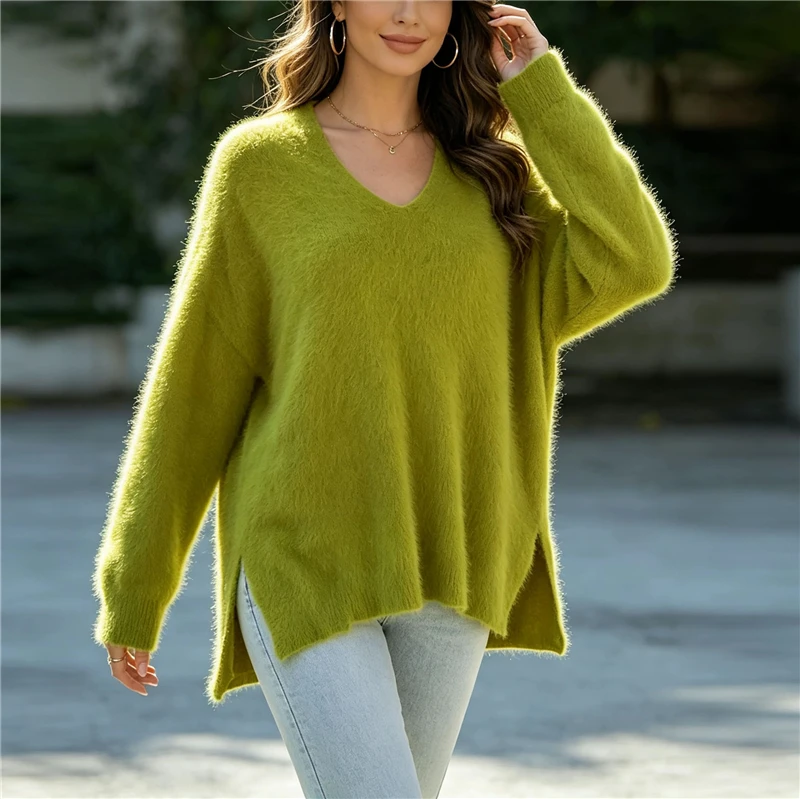 Ladies Women Autumn Winter Fashion Green Hairy Angora Rabbit Hair V-Neck Long Sleeves Split Loose Pullover Sweater Jumper Pull - view 2