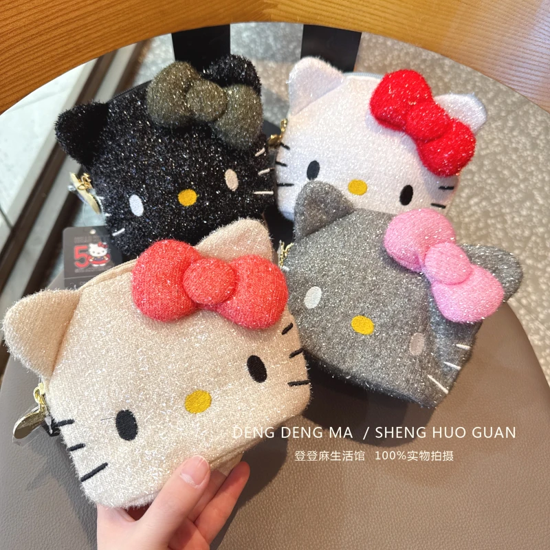 Sanrio Hello Kitty Peluche Bowknot Flash Fili d'argento Portamonete Rossetto Storage Pochette Borsa interna portatile da viaggio Regalo per ragazza