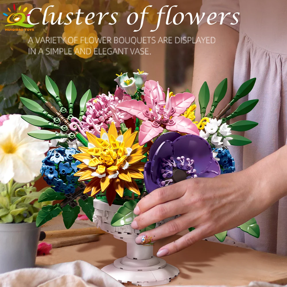 HUIQIBAO 1081+PCS MOC Flower Bouquet Model Building Block Potted Series Brick Construction Toy For Children Desk Home Decoration
