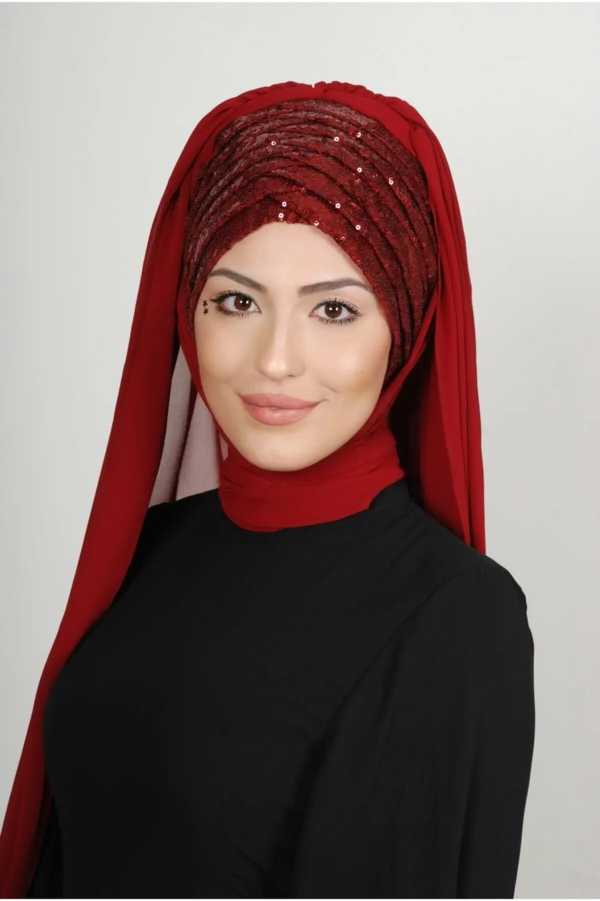 Instant Hijab Front Sequined Shirred Bridal Burgundy Color