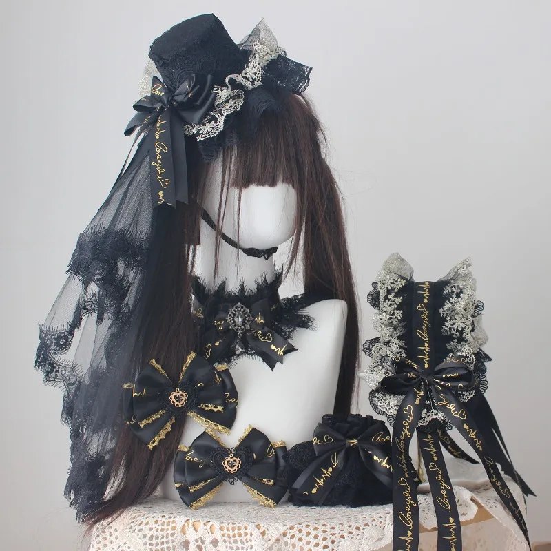 Gothic Lolita Black‑Gold Lace Bow Headdress, Mini Top Hat with Veil,Hair Band Wrist Cuffs Hair Clips Cosplay Costume Accessories