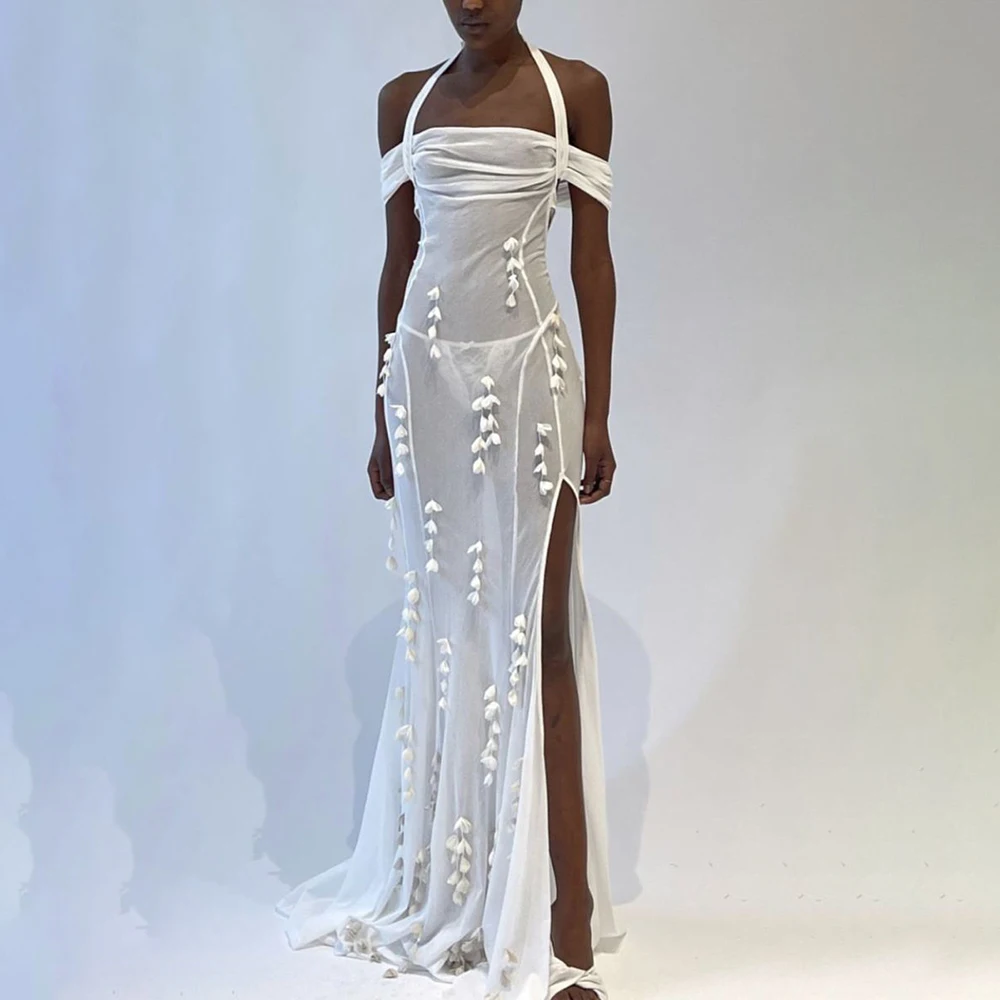 Sexy Halter Neck Chiffon Evening Dress with 3D Flowers High Slit Party Gown Elegant Formal Dresses Dinner Party for Women
