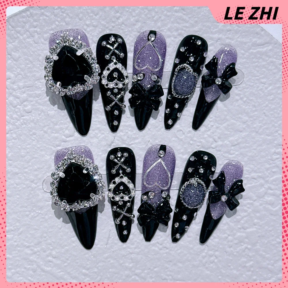 Nail Party Stickers Summer Punk Long Almond Press On Nails Handmade Acrylic Detachable Full Cover Nail Star Rhinestone Nails