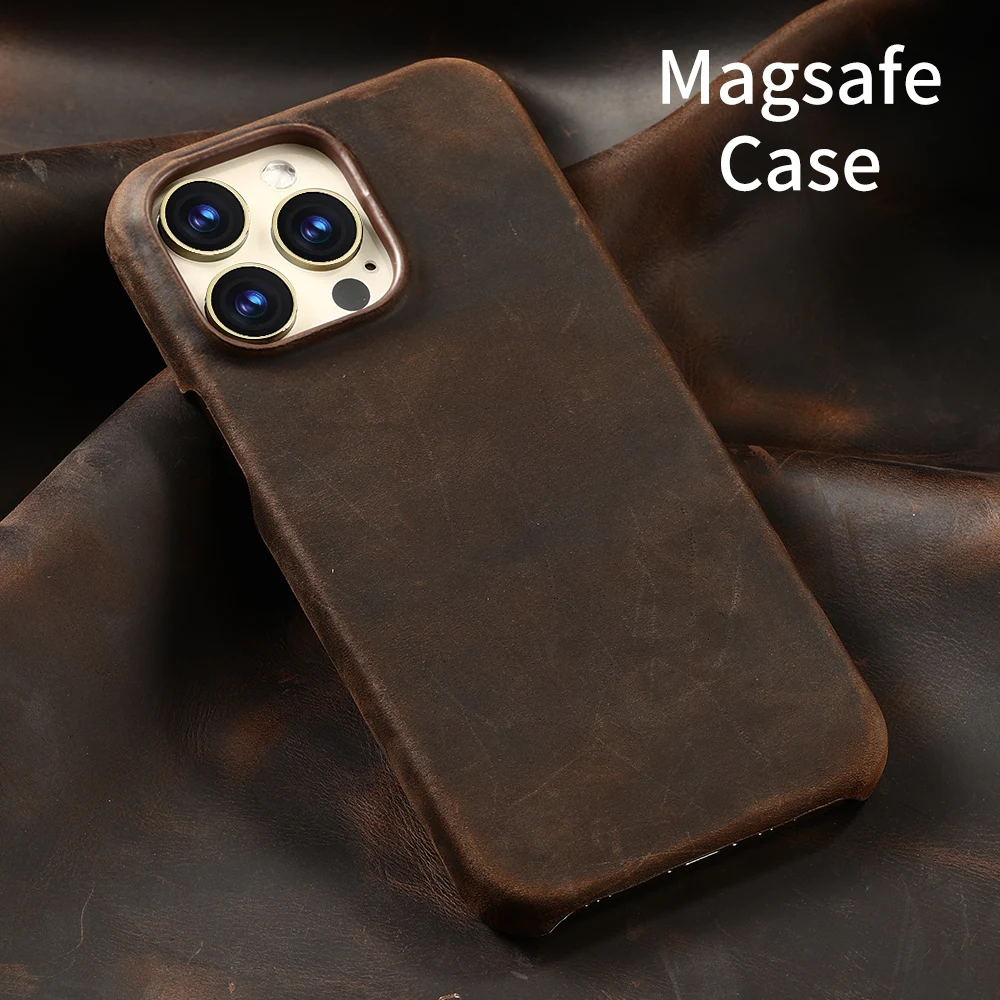 for Magsafe Case for iPhone 16 15 Pro Max 16Pro Retro Luxury Full Grain Cowhide Genuine Oiled PULL-UP Leather Magnetic Cover