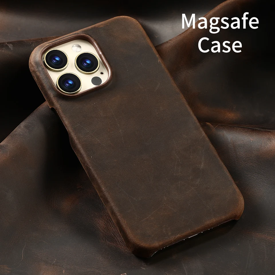 Funda magnética para iPhone 17 Air 16 15 Pro Max, cuero genuino de grano completo retro, tapa magnética de cuero pull-up