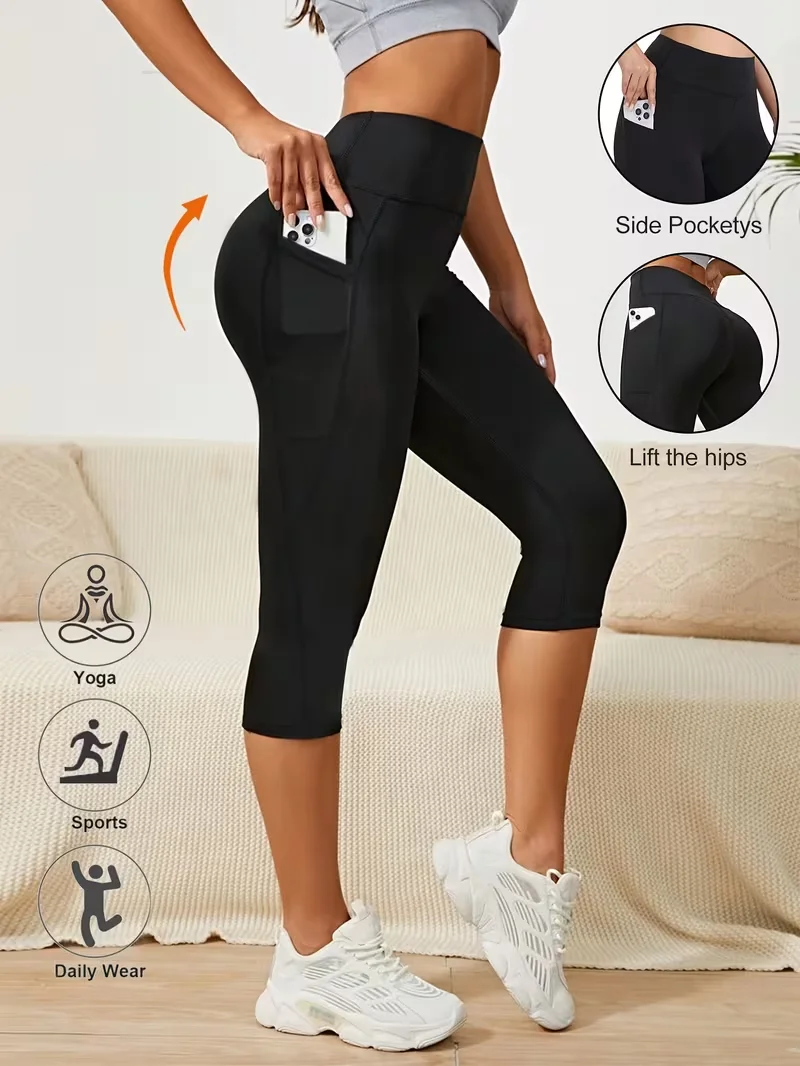 Leggings capri de cintura alta para mujer con bolsillos: mallas de entrenamiento de yoga suaves, agradables para la piel y elásticas a prueba de sentadillas