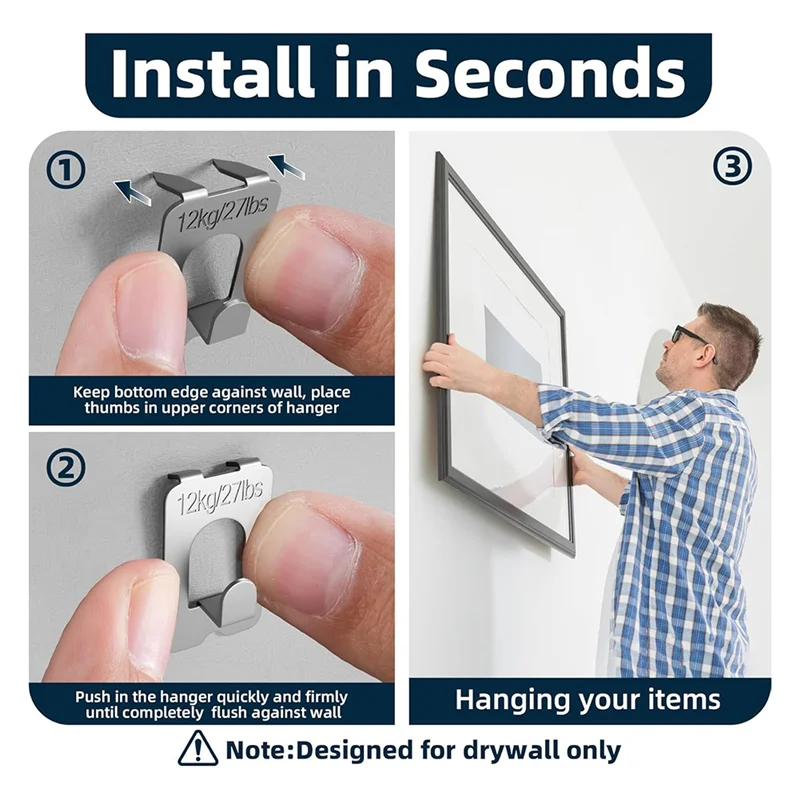 FYBL-Claw Wsporniki do Gwoździ do Płóciennych Obrazów - Bez Użycia Narzędzi, 10 Sztuk, Haczyki do Obrazów na Płachcie Gipsowo-Kartonowej, Udźwig 12 kg/27 lbs