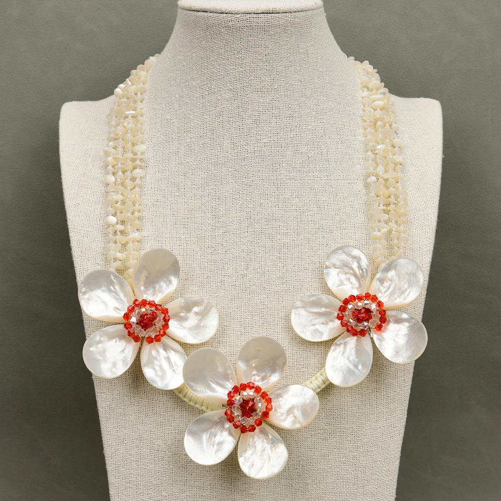 Handmade 4 Strands  Natural White Sea Shell Flower Red Crystal Mother Of Pearl Necklace Pendant For Lady