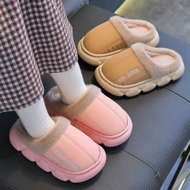 Zapatillas antideslizantes impermeables para niños, zapatos de casa de felpa cálidos para invierno para niños y niñas, uso doméstico en interiores y exteriores