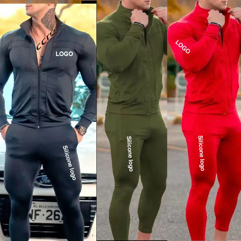 Fall Winter Casual Sportswear Mens Fitted Tracksuit Suit Sets Solid 2 Piece Sweatsuit Sets Zip Up Jacket Jogger Tracksuit Set