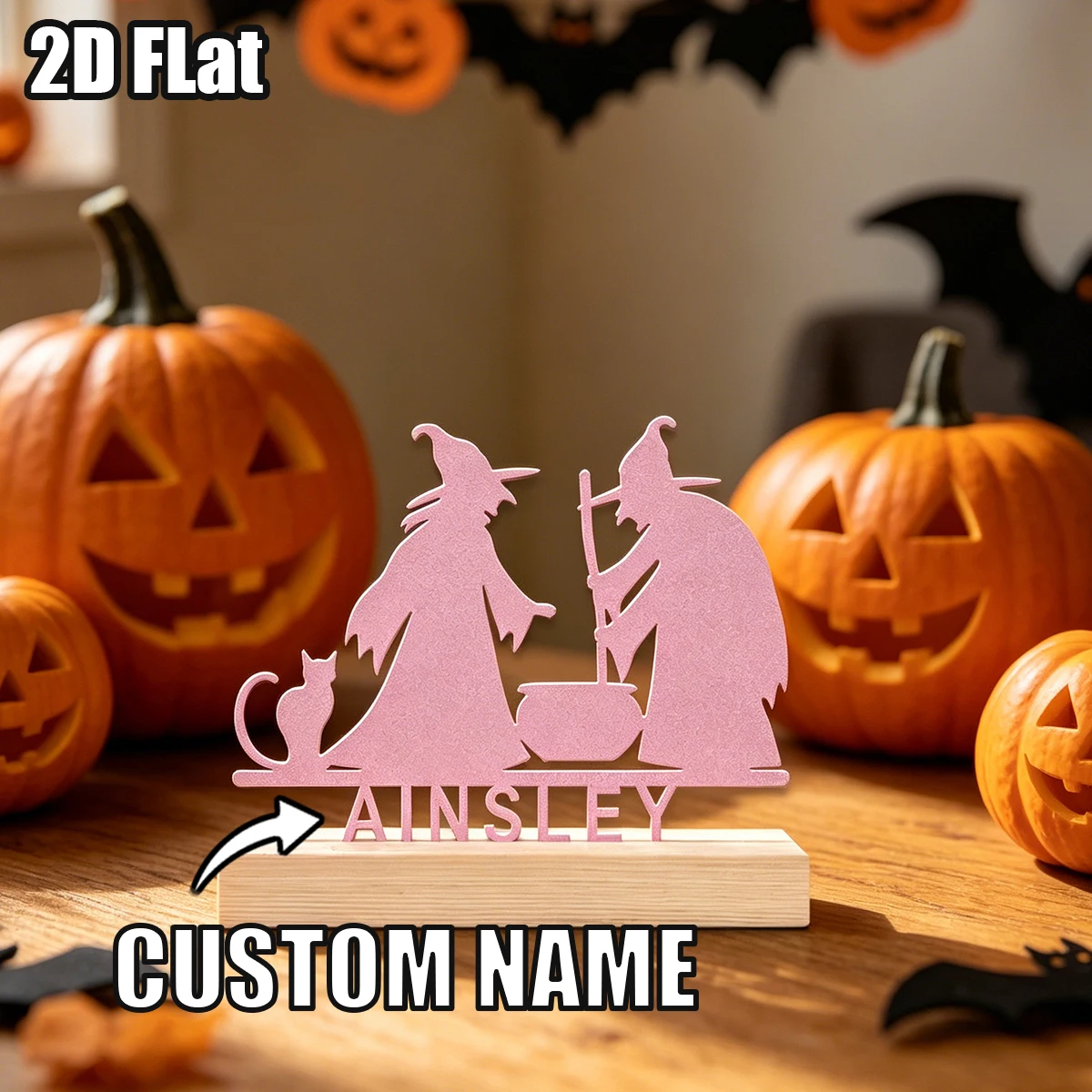 1Pc Custom Magic Witch Wooden Base Metal Ornament,Home Room Desktop Decor,Ideal Birthday Wedding Halloween Festive Gift