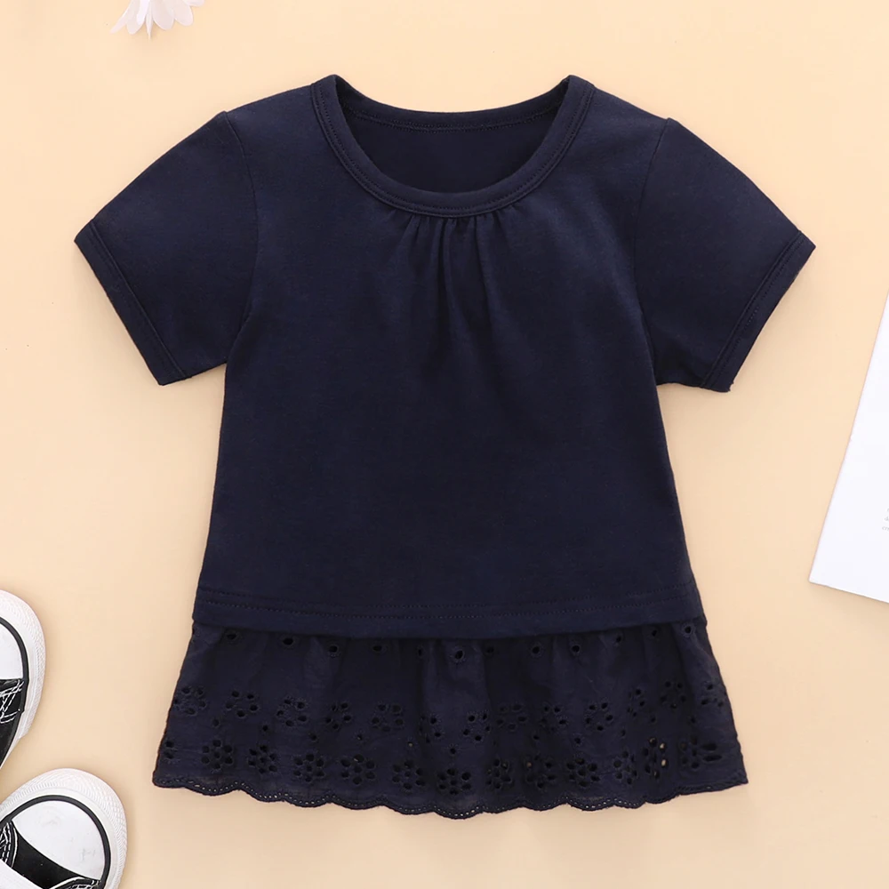 Toddler Girls Short Sleeved Eyelet Trim Top Kids Navy Flounce Hem T shirt Baby Girl Summer Tee